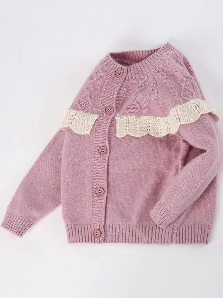 Kids Cable Knit Pink Cashmere Cardigan with Contrast Ruffle